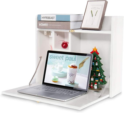 YUSING Wall Mounted Table, Multifunctional Fold Down Wall Mounted Laptop Computer Desk with Storage Compartments for Home, Office, White