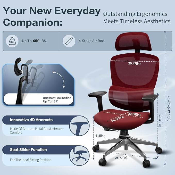 Jacia House Red Ergonomic Mesh Home Office Chair, Big & Tall Gaming Chair - High-Adjustable Lumbar Support, 4D Armrests, 2D Headrest, 90°~135° Tilting with Lock, Swivel Desk Chairs 600lb Capacity