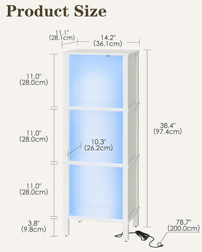 Bookshelf with LED Lights, Modern 3-Tier Bookcase, Open Storage Book Shelf, 11 × 14.2 × 38.9 Inches, Small Narrow Bookshelves for Living Room, Home Office, Bedroom, White