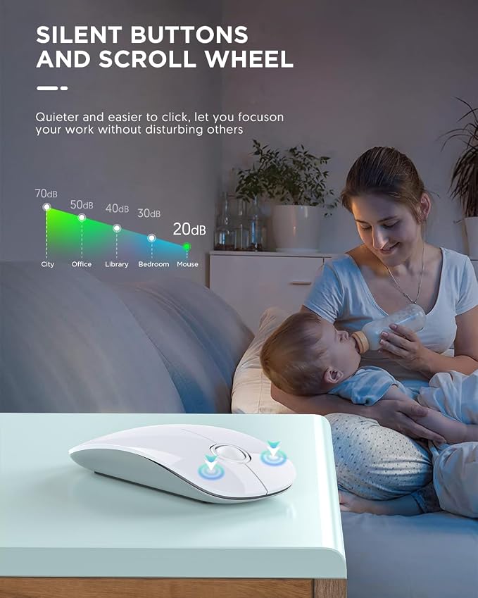 RAPIQUE Bluetooth Wireless Mouse - (BT5.1+USB) Slim Dual Mode Computer Mice with Quiet Click, Low Power, and 1600 DPI, Portable Cordless for MacBook, Laptop, iPad Pro/Air, Chromebook (White)