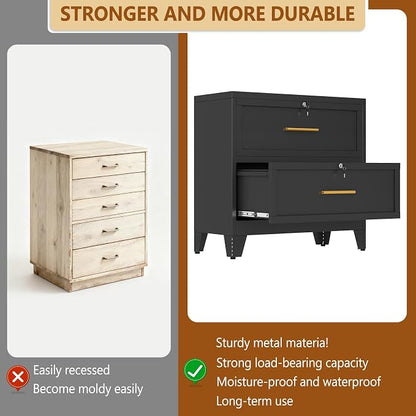 Metal Lateral File Cabinet with Lock,2 Drawer Steel Wide Filing Organization Storage Cabinets for Legal/Letter/A4/F4 Size with Hanging Files&Key,Lockable Printer Stand for Home Office, Black
