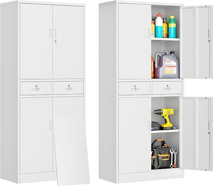 71" H Tall Metal Storage Cabinet with 2 Drawers, Metal Garage Storage Cabinet with Lock and 2 Adjustable Shelves for Home, Office, Garage, Warehouse Organize, White