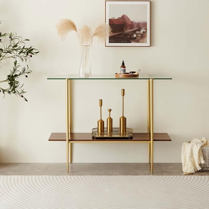 LumFurn Glass Console Table for Living Room, Foyer & Entrance, 2-Tiers Mid-Century Modern Sofa Table with Clear Glass Top, Walnut Finish Wood Top and Gold Finish Metal Frame