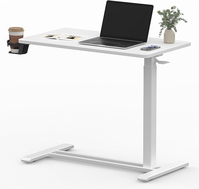 SANODESK Adjustable Overbed Bedside Table Pneumatic Adjustable Height Laptop Computer Standing Desk Cart with Tray, Hospital and Home Use(23.6" W x 13.8" D,White)