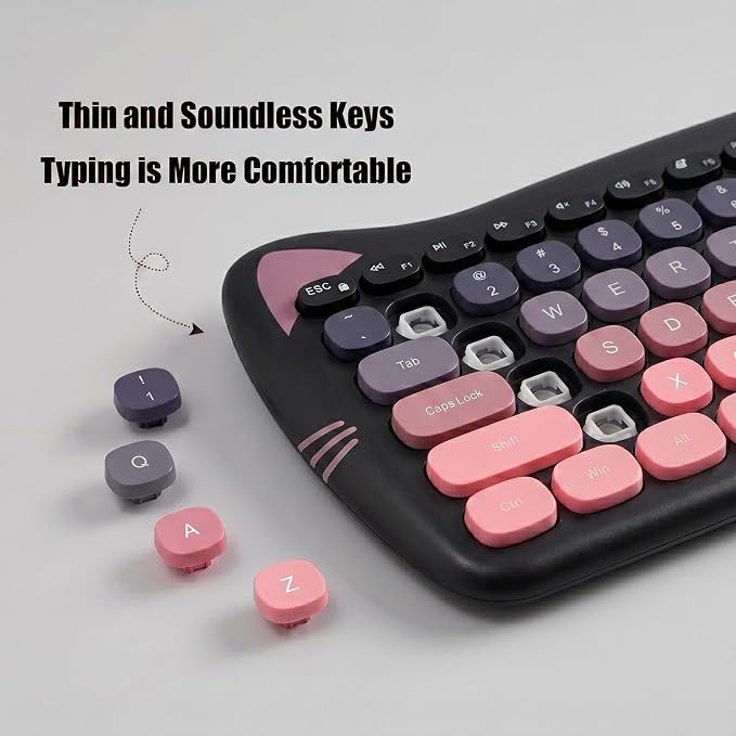 Cute Cat 2.4G USB Wireless Keyboard and Mouse Combo, Silent Keys, Candy Colors, Compatible with Notebook, PC (BlackPink-84Keys)
