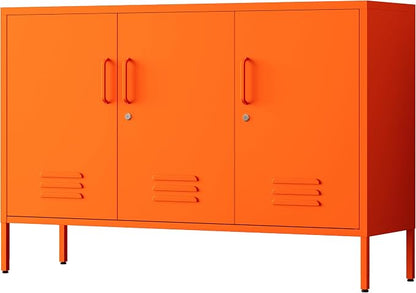 32" Orange 3 Door Lockable Metal Cabinet, Freestanding Multipurpose Heavy Duty Storage Locker with Adjustable Shelves for Home Office Kitchen Living Room Bedroom