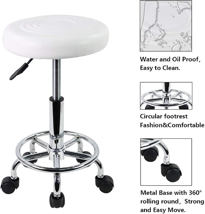 KKTONER PU Leather Modern Round Rolling Stool with Footrest Height Adjustable Spa Drafting Salon Tattoo Work Massage Stools Task Chair Small (White)