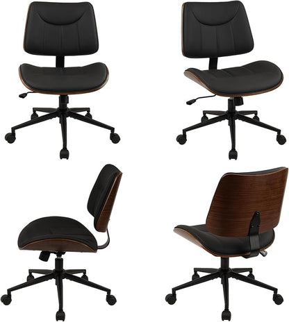 CLATINA Office Chair Armless with Wheels, Mid-Century Modern Walnut Desk Chair, Adjustable Height Reading Chair, PU Leather Mid Back & Swivel Computer Chairs for Home Meeting Room Bedroom, Black(4 PK)