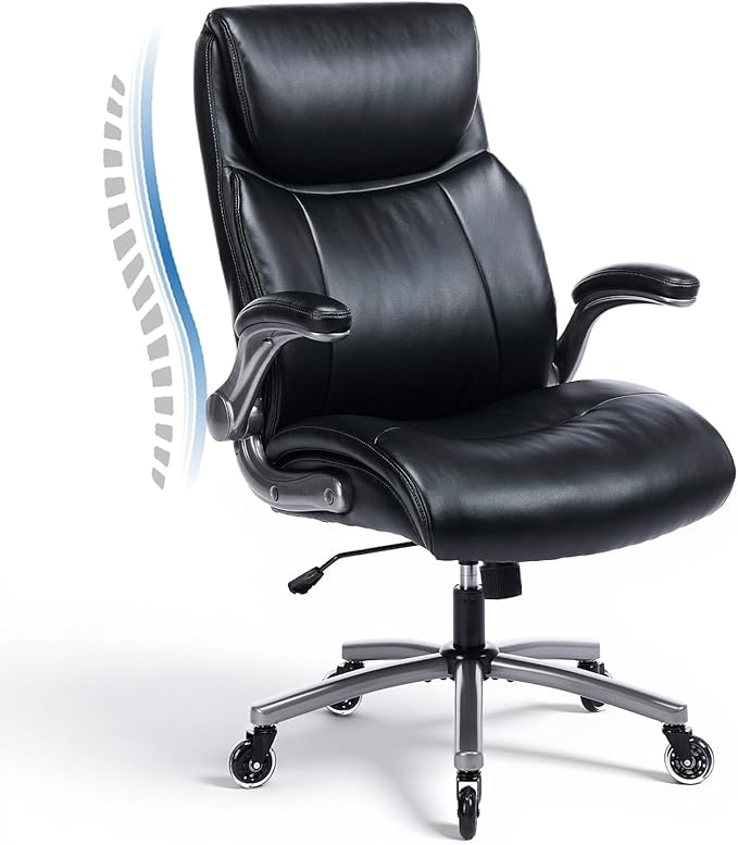 Ergonomic PU Leather 400lbs Executive Office Chairs Set of 2, High-Back Home Computer Chair with Lumbar Support, Flip-Up Arms, Black