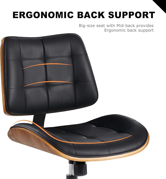 BV Armless Office Chair with Rubber Wheels, 360° Swivel Adjustable Task Chair, PU Leather Rolling Desk Chair for Home Office, Study and Conference Room, Black