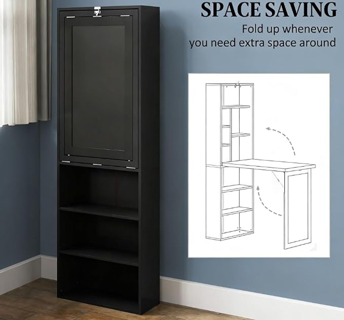 Foldable Wall Mounted Desk with Storage Shelves & Blackboard, Fold-Out Convertible Writing Table for Small Spaces | Space-Saving Floating Computer Desk for Home Office (Black)
