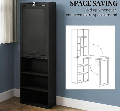 Foldable Wall Mounted Desk with Storage Shelves & Blackboard, Fold-Out Convertible Writing Table for Small Spaces | Space-Saving Floating Computer Desk for Home Office (Black)
