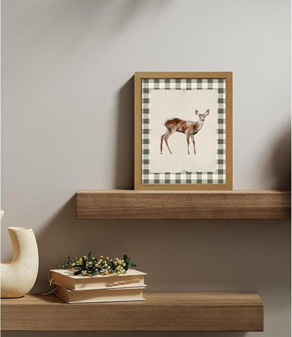 CXQILVER Vintage Framed Deer Wall Art Canvas Painting, Woodland Fawn Prints Wall Decor, Green Gingham Rustic Farmhouse Animal Artwork Pictures for Living Room Bedroom Bathroom Nursery Decor 8x10 Inch