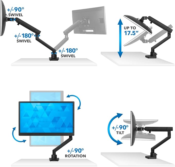Mount-It! Single Monitor Arm Desk Mount for 24-32 Inch Computer Monitor, Full Motion Aluminum Mount, VESA 75x75 100x100, Holds up to 17.6 lbs, Cable Management, C-Clamp and Grommet Base, Black