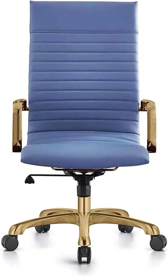 LeisureMod Harris High-Back Task Office Chair - Modern Leather Upholstery with Gold Frame, Ribbed Design 360 Degree Adjustable Swivel for Home, Office, and Study Room