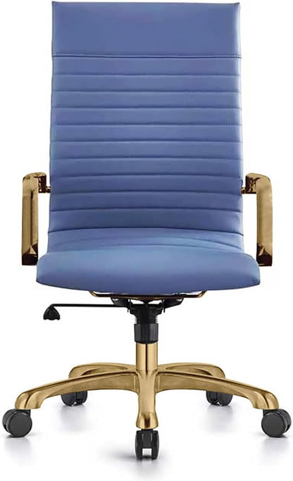 LeisureMod Harris High-Back Task Office Chair - Modern Leather Upholstery with Gold Frame, Ribbed Design 360 Degree Adjustable Swivel for Home, Office, and Study Room