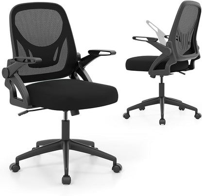 COSTWAY Office Chair, Comfy Swivel Rolling Desk Chair with Adjustable Height & Flip-Up Armrests, Ergonomic Mesh Computer Chairs with Lumbar Support for Working & Gaming (Black)