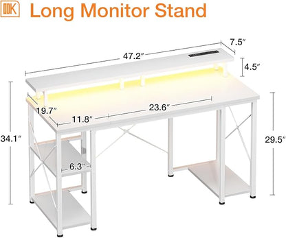 ODK 48 inch Gaming Desk with LED Lights & Power Outlets, Computer Desk with Monitor Stand & Storage Sheves, CPU Stand, Home Office Desk, White