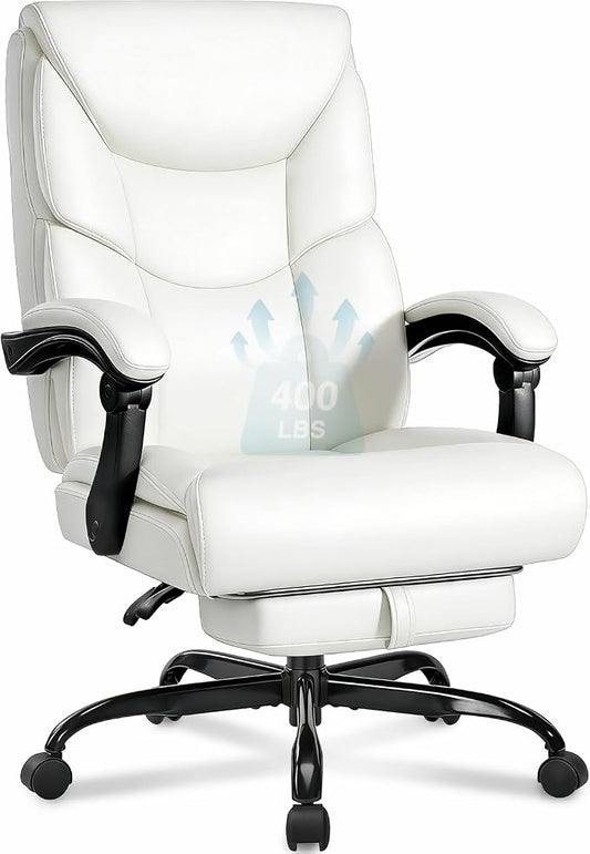 WAILOR 400lbs Office Chair with Foot Rest, Reclining Big and Tall Office Chair with Lumbar Support, High Back PU Leather Computer Chair,Comfy Desk Chair for Home Office (Casual) (White)