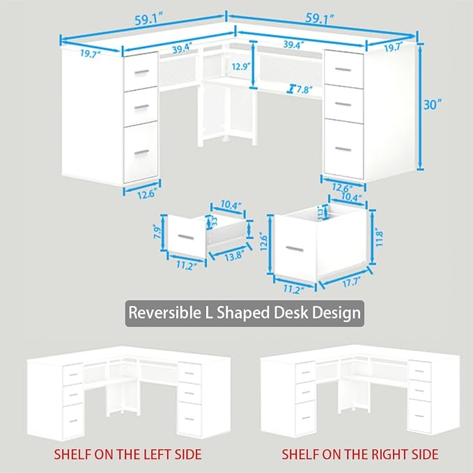 HSH White L Shaped Desk with Drawers Shelves, Large Home Office Corner Computer Desk with Storage File Cabinet, Modern Metal Wood Desk for Executive Writing Study Workstation, 59 Inch Bedroom Table