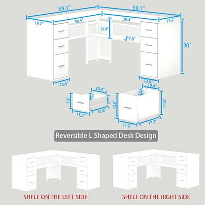 HSH White L Shaped Desk with Drawers Shelves, Large Home Office Corner Computer Desk with Storage File Cabinet, Modern Metal Wood Desk for Executive Writing Study Workstation, 59 Inch Bedroom Table