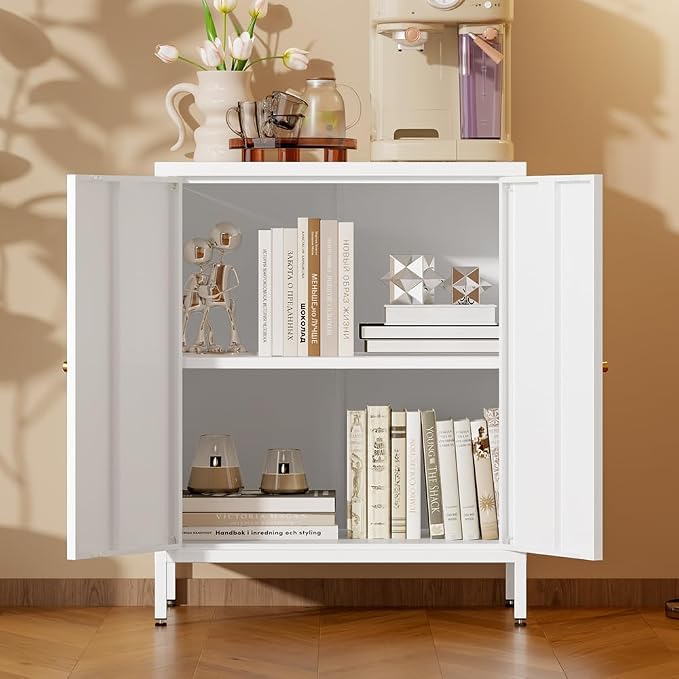 2 Door Metal Accent Storage Cabinet for Home, Living Room, Office Room,Kitchen-Metal Locker Cabinet with 1 Adjustable Shelves-2-Tier (Small 2 Door Cabinet, White)