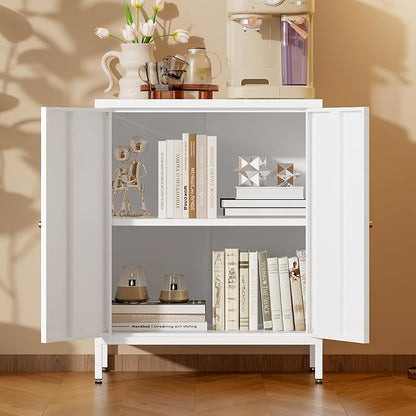 2 Door Metal Accent Storage Cabinet for Home, Living Room, Office Room,Kitchen-Metal Locker Cabinet with 1 Adjustable Shelves-2-Tier (Small 2 Door Cabinet, White)