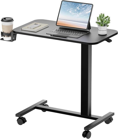 GTPLAYER Small Standing Desk with Lockable Wheels, Pneumatic Mobile Rolling Laptop Desk,Adjustable Height Overbed Bedside Table Computer Workstation for Home Office (28" W x 16" D, Black)