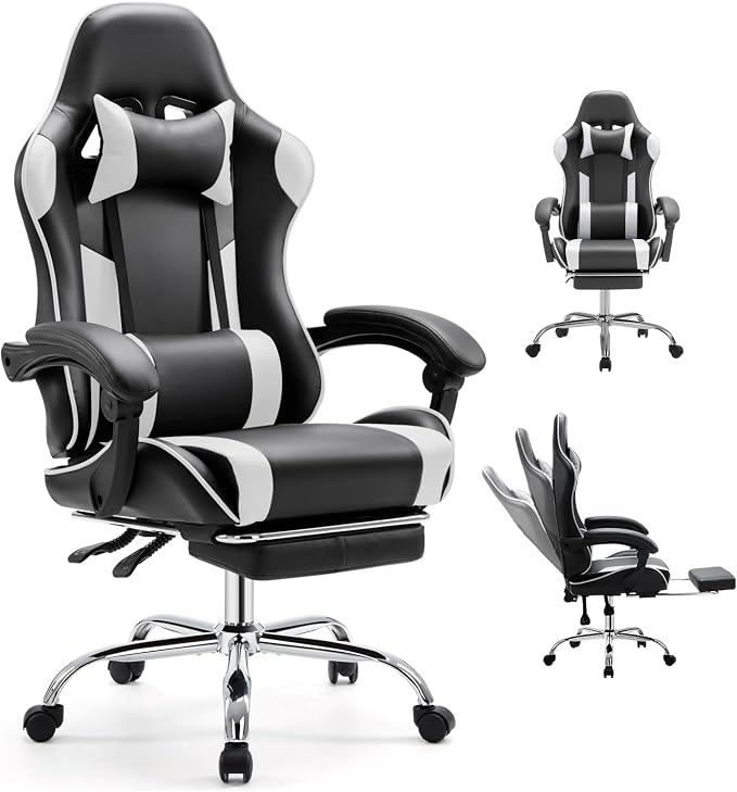 DUMOS Ergonomic Gaming Office Desk Chair with Footrest and Headrest, PU Leather Video Computer Chair with Linkage Armrests, Height Adjustable 360° Swivel Recling, Black White