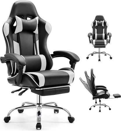 DUMOS Ergonomic Gaming Office Desk Chair with Footrest and Headrest, PU Leather Video Computer Chair with Linkage Armrests, Height Adjustable 360° Swivel Recling, Black White