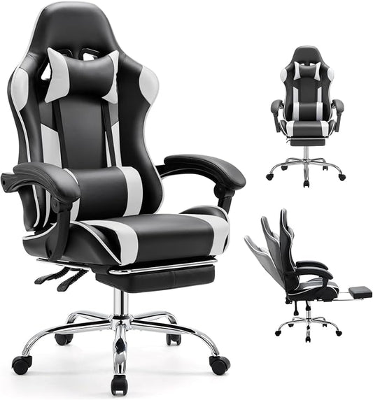 DUMOS Ergonomic Gaming Office Desk Chair with Footrest and Headrest, PU Leather Video Computer Chair with Linkage Armrests, Height Adjustable 360° Swivel Recling, Black White