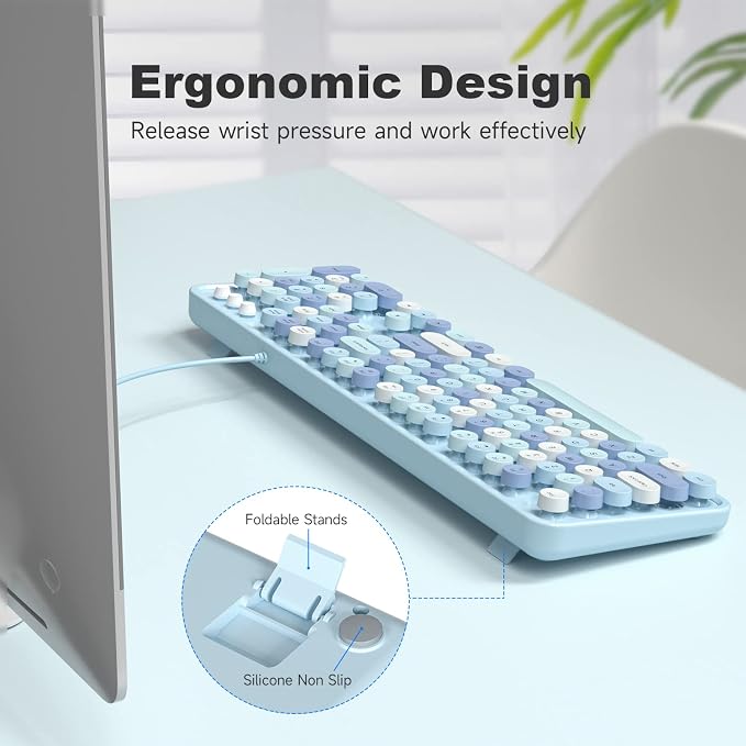 MOWUX Computer Keyboard Wired, Plug and Play USB Retro Round Typewriter Keyboard, Full Size Wired Keyboard with Foldable Stands for Laptop and Office PC- Blue Colorful