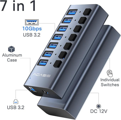 Powered USB 3.2 Hub, ACASIS 7 Ports USB 3.2 Hub with 10Gbps Data Speed, Aluminum Housing, USB Hub Powered with 24W Power Adapter, USB Hub for PC/Laptop, Computer, Flash Drive, Printer, Camera