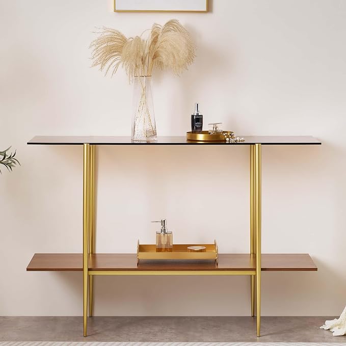 LumFurn Extra Large Glass Console Table for Living Room, Foyer & Entrance, L47 x W16 x H31, Mid-Century Modern Sofa Table with Amber Glass Top, Walnut Finish Wood Top and Gold Finish Metal Frame