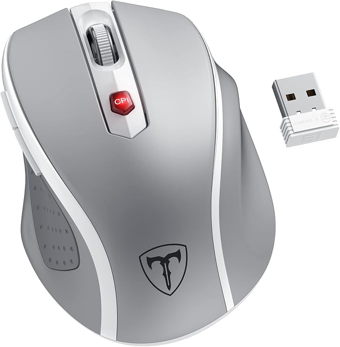 HOTWEEMS D-09 Wireless Mouse for Laptop - Ergonomic Plus Computer USB Cordless Mice, Ergo Grips, Lightspeed 5-Level 2400 DPI, 16 Months Battery Life, Portable for PC Mac Chromebook, 6 Button, Mithril