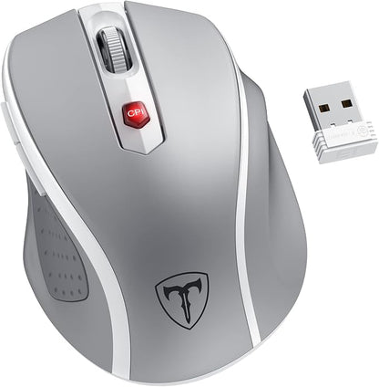 HOTWEEMS D-09 Wireless Mouse for Laptop - Ergonomic Plus Computer USB Cordless Mice, Ergo Grips, Lightspeed 5-Level 2400 DPI, 16 Months Battery Life, Portable for PC Mac Chromebook, 6 Button, Mithril