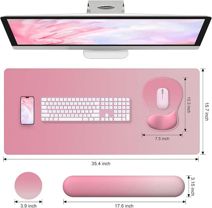 4-in-1 Large Gaming Mouse Pad, Keyboard Wrist Rest Pad & Wrist Support Mousepad Set, Extended Desk Pad Waterproof Desk Mat for Home Office Decor Study Game 35.4×15.7 Inches I Gradient Pink Blush