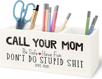 Funny Call Your Mom Wooden Pen Pencil Holder for Office Desk Accessories, Gifts for Freshman Son Daughter College Students Makeup Brush Toothbrush Holder Organizer for Bathroom