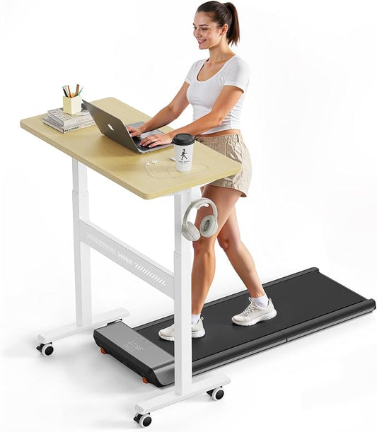 WALKINGDESK Mobile Walking Pad Desk with Wheels, Pneumatic Small Rolling Standing Desk Riser Height Adjustable (28-43.7") for Treadmill, Portable Computer Table for Home Office, Oak