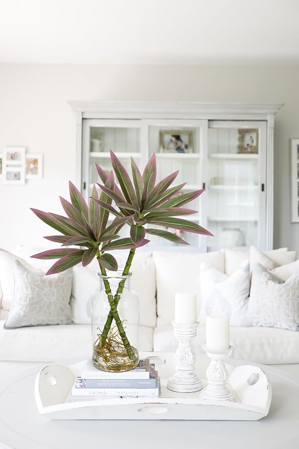 GnFlus Artificial Pink Plants Stems in Glass Vase with Faux Water,Fake Silk Plant Dracaena Leaves for Centerpiece Table Decorations Farmhouse Wedding Home Greenery Decor