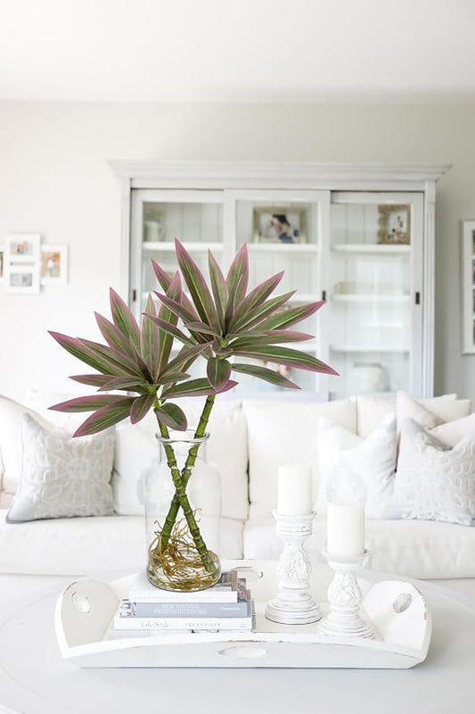 GnFlus Artificial Pink Plants Stems in Glass Vase with Faux Water,Fake Silk Plant Dracaena Leaves for Centerpiece Table Decorations Farmhouse Wedding Home Greenery Decor