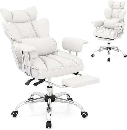 COSTWAY 400 LBS Big and Tall Office Chair, PU Leather Executive Desk Chair w/Retractable Footrest, Reclining Function, Lumbar Support, Ergonomic High Back Home Computer Task Chair, White