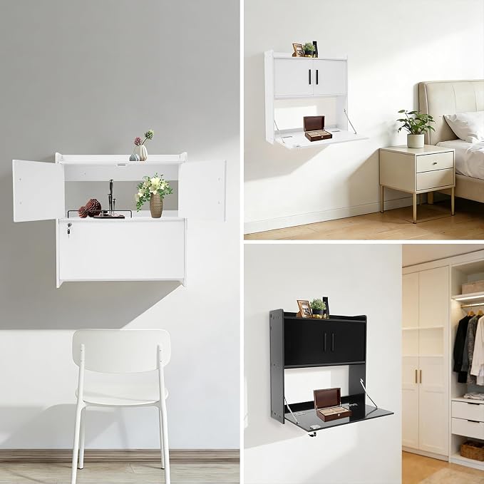 Wall Mounted Desk Cabinet with Storage, Fold Down Computer Desk, Space Saving Floating Workstation for Home Office, Laptop Writing Table (Black)