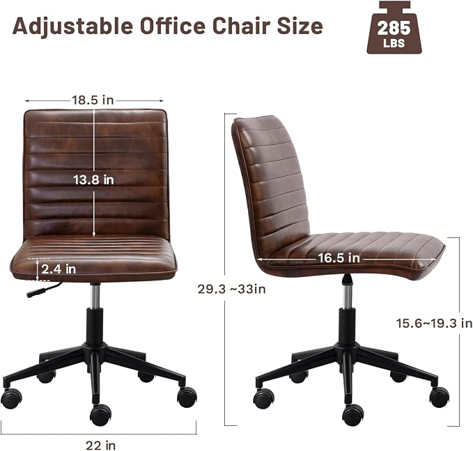 Furniliving Leather Home Office Chair, Armless Vanity Desk Task Chair with Wheels 360° Swivel Computer Rolling Desk Chair with Back, Adjustable Accent Chair with Base Stool