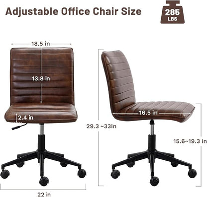 Furniliving Leather Home Office Chair, Armless Vanity Desk Task Chair with Wheels 360° Swivel Computer Rolling Desk Chair with Back, Adjustable Accent Chair with Base Stool