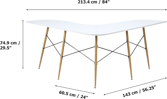 Teamson Home Roberto Mid-Century Modern L-Shaped Corner Desk with Tapered Legs and Black Metal Accents, Light Gray