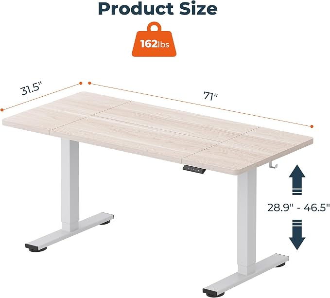 Standing Desk,Large 71x31 Inches Height Adjustable Stand Up Desks with Cable Management, Home Office Computer Desk 2 Box Packaging with Cup Holder & Memory Preset, White Wood Grain