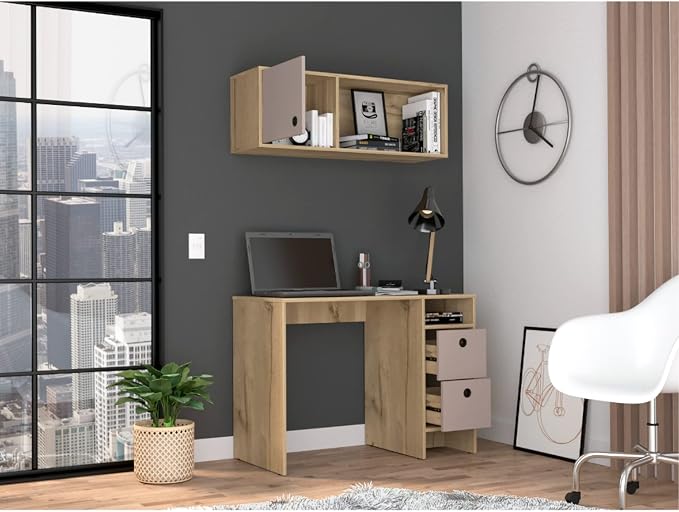 Aramis Office Set with 2 Shelves, 2 Drawers, Wall Cabinet, Single Door Cabinet, and Metal Hardware, Light Oak/Taupe – Complete Home Office Furniture Set