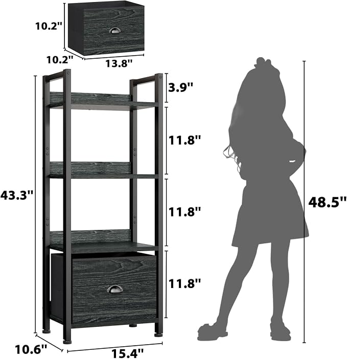 Furologee 4 Tier Bookshelf with Drawer, Small Narrow Bookcase, Wood and Metal Standing Shelf Unit, Industrial Display Storage Shelves Organizer for Bedroom, Living Room, Entryway, Black