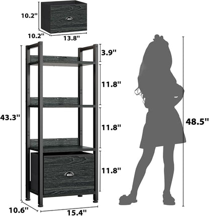 Furologee 4 Tier Bookshelf with Drawer, Small Narrow Bookcase, Wood and Metal Standing Shelf Unit, Industrial Display Storage Shelves Organizer for Bedroom, Living Room, Entryway, Black